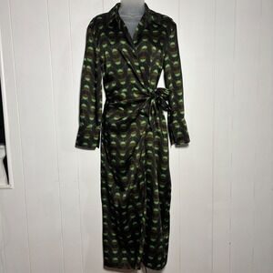 Zara Green Brown Geometric Retro Print Satin Wrap Midi Dress Sz Small Mod Chic